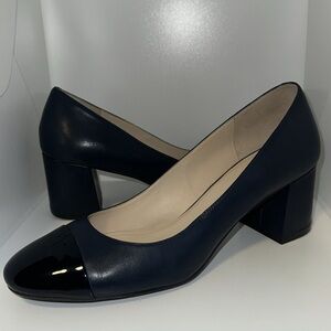 COLE HAAN Dawna Patent Leather Cap Toe Pumps w Block Heel Navy Blue Women’s 10